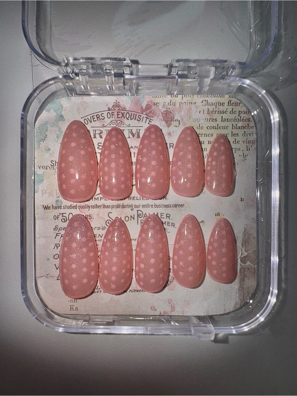 Handmade Pink Jelly/Glass Polka Dot Almond Press-On Nails